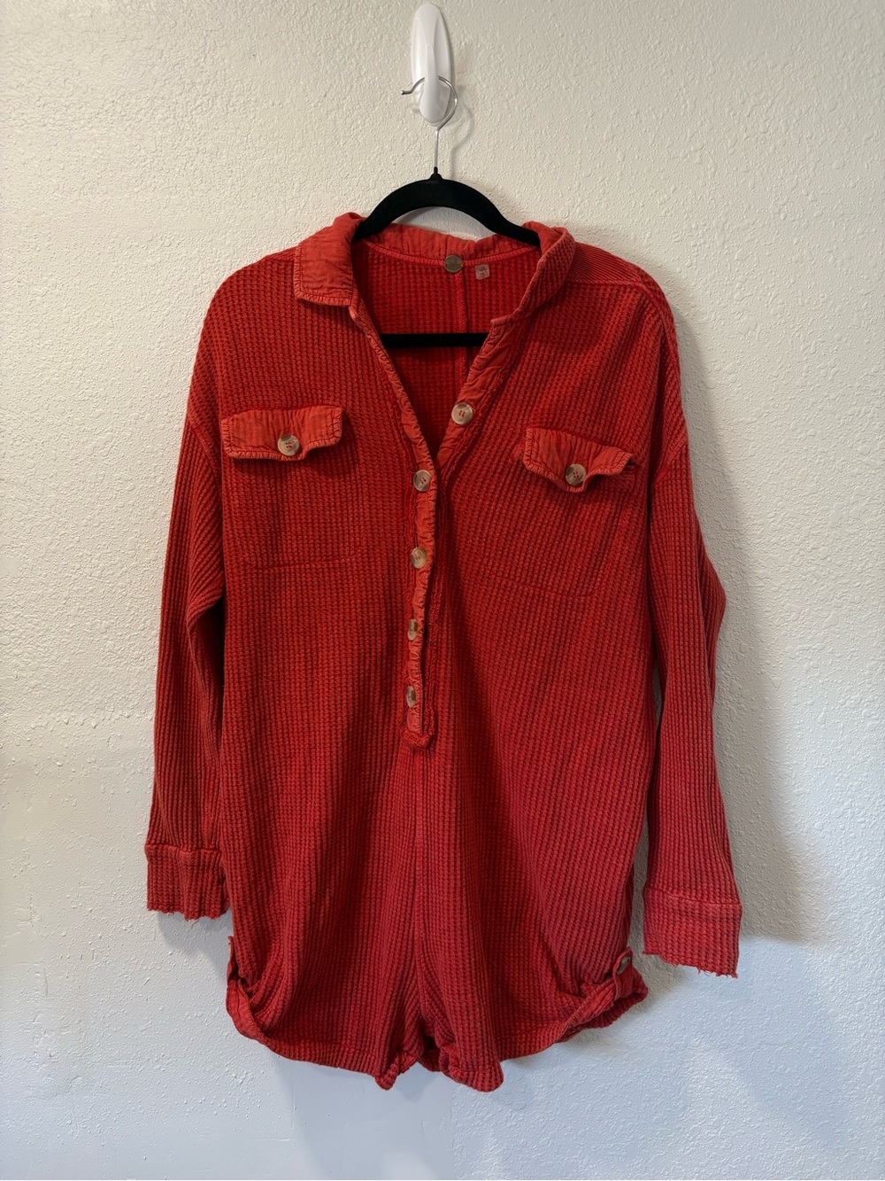 Red Waffle-Knit Button Front Women's romper